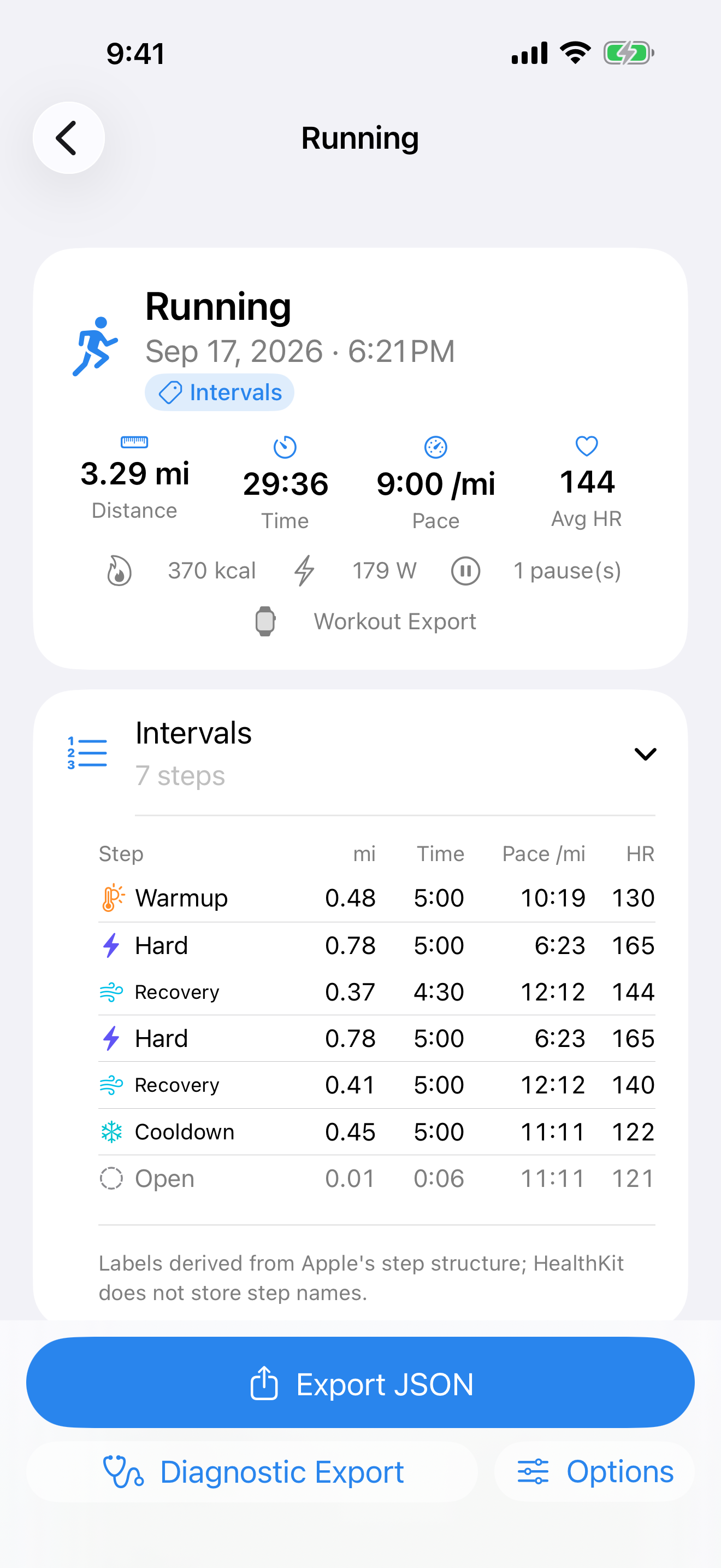 Workout Export showing a running workout with warmup, hard, recovery and cooldown intervals and an Export JSON button